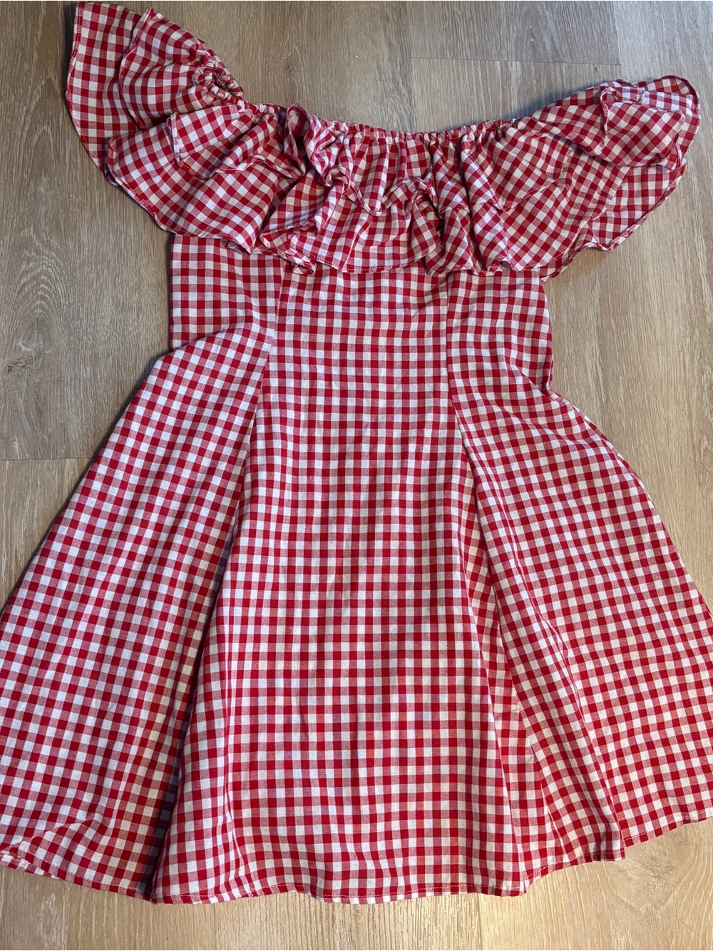 Handmade Red & White Gingham Off-The-Shoulder Mini Dress - Size S Cottagecore